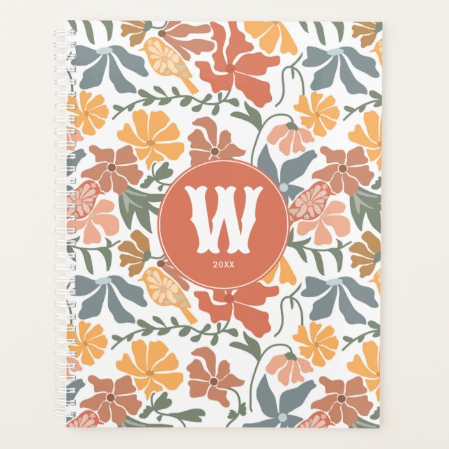 Agenda Abstrato Floral Birds Meio século Moderno Monogram (Frente)