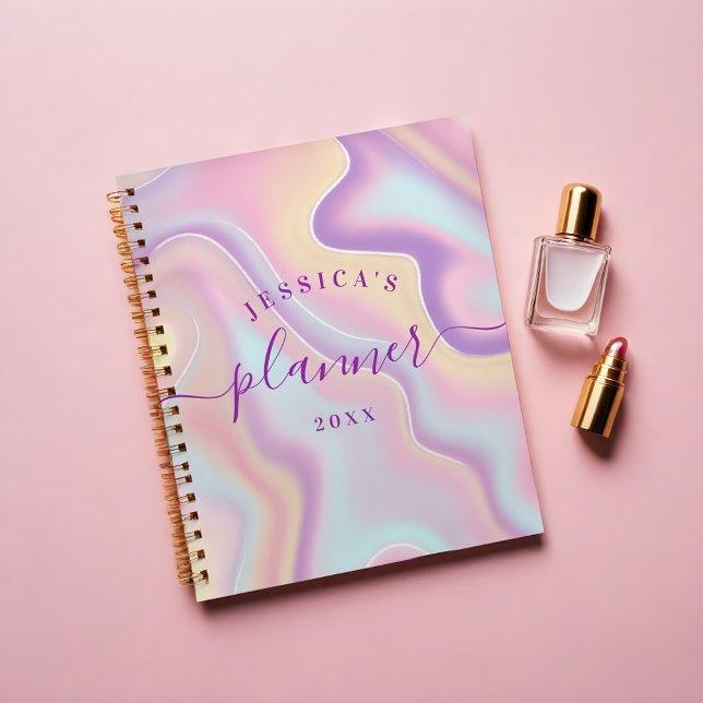Agenda Abstrato Girly Pink Yellow Iridescente Holographic (Abstract Girly Purple Pink Iridescent Holographic Planner)