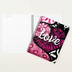 Agenda Abstrato Love Heart Pink Floral Bolinhas Pretas