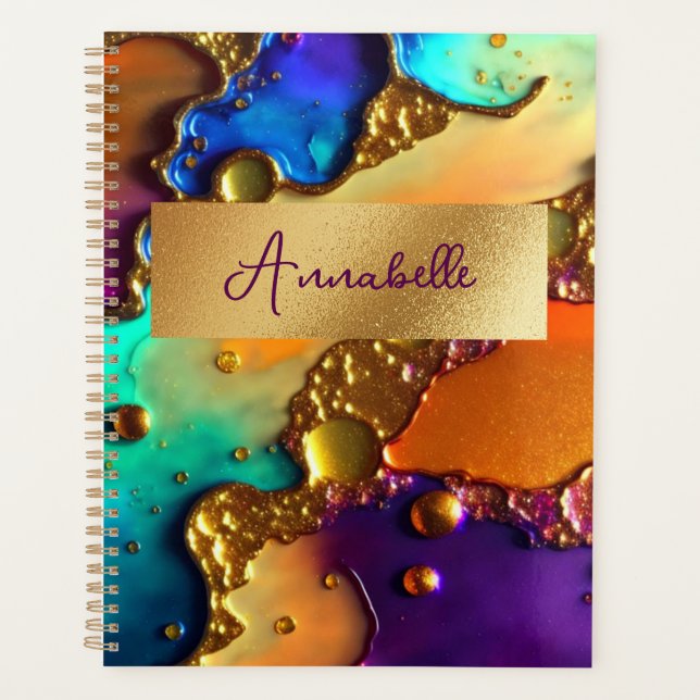 Agenda Abstrato Modern Jewel e Dourados Swirls (Frente)
