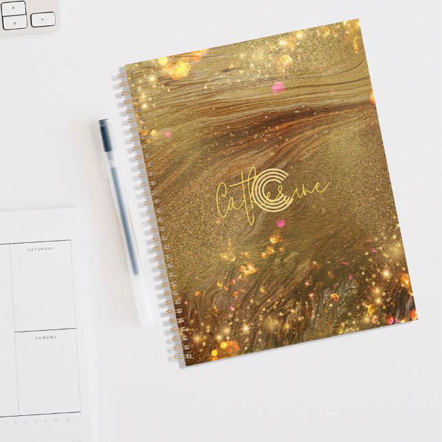 Agenda Abstrato Trendy Dourado Glitter Name & Inicial (Criador carregado)