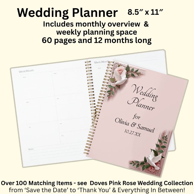 Agenda Add Names & Date Pink Roses & Doves Wedding (Criador carregado)