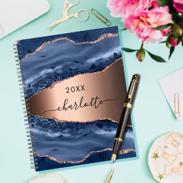Agenda Ágata azul mármore rosa dourado nome script 2023