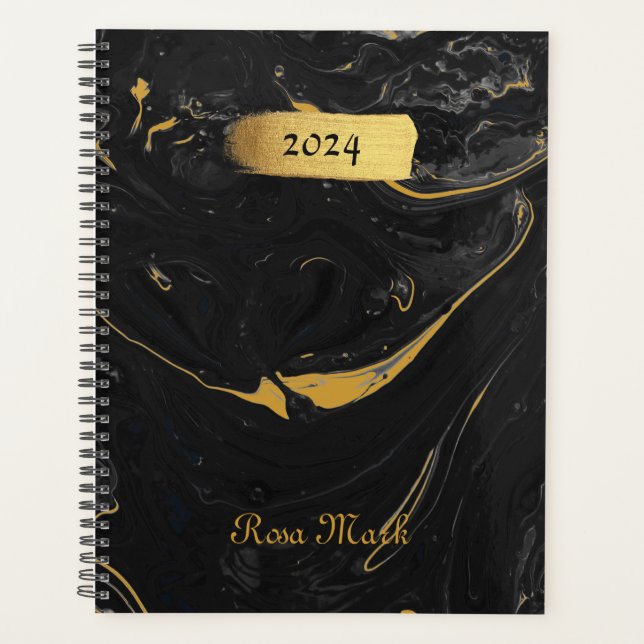 Agenda Agate Black Marble Swirl Personalizado (Frente)