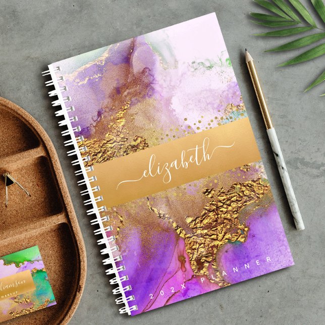 Agenda Agate watercolor gold roxo - roxo - script verde r (Criador carregado)