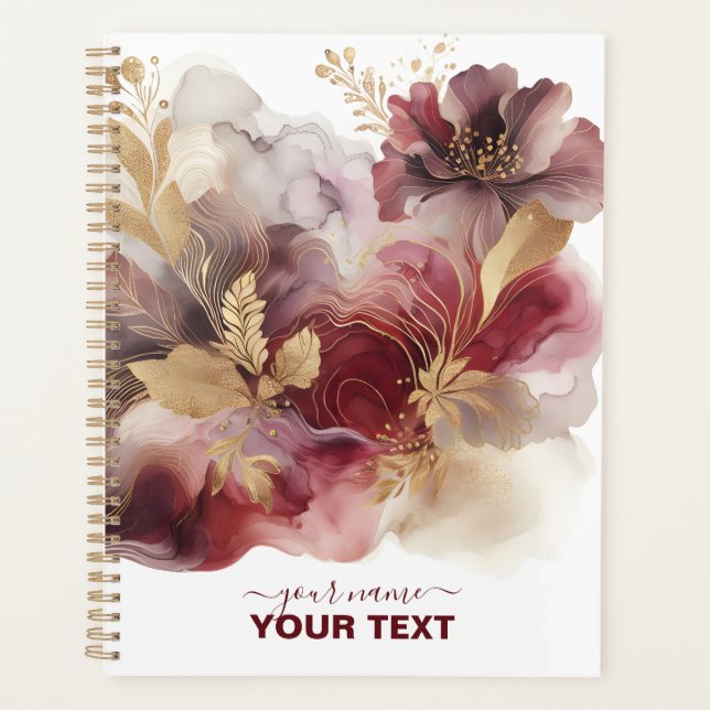 Agenda Agato floral de Borgonha e Glitter Dourado (Frente)