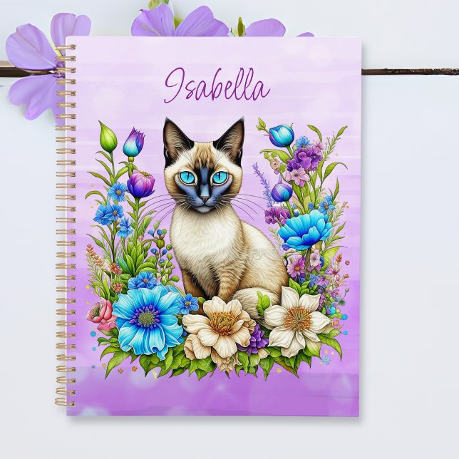 Agenda Ai Watercolor Gato Siamês em Flores Personalizado (Criador carregado)