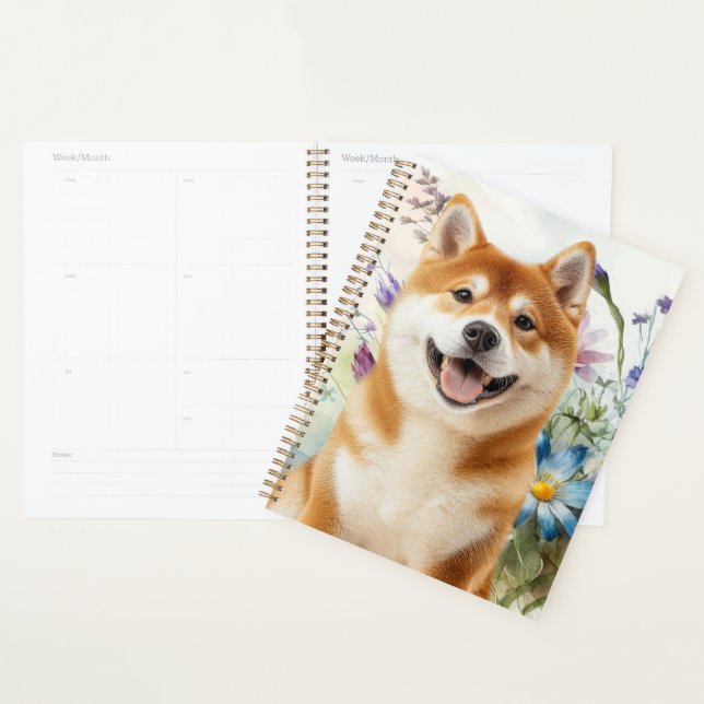 Agenda Akita Shiba Inu Dog with Blue Watercolor Flowers (Exibição)