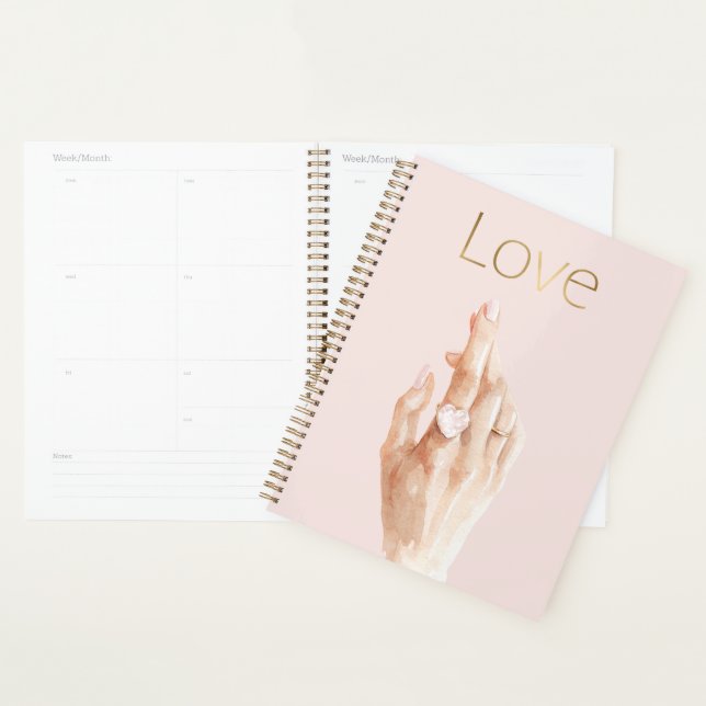 Agenda Anel de Mão com Coração Rosa em Ouro Amor (Exibição)