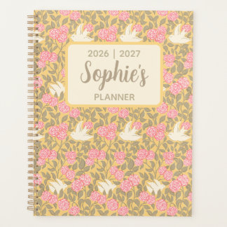 Agenda Ano Acadêmico Floral Pastel Elegante com Pássaros