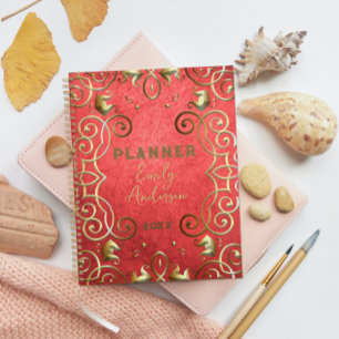 Agenda Ano Clássico Barroco Elegante Dourado e Vermelho