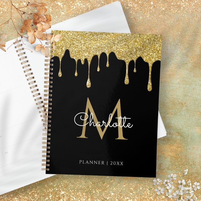 Agenda Ano do Glitter Ouro Preto Monograma Script (Black Gold Glitter Drips Monogram Script Year Planner)