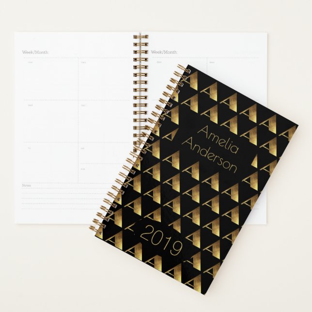 Agenda Ano Personalizado 2019 Monograma Dourado Preto A E (Exibição)