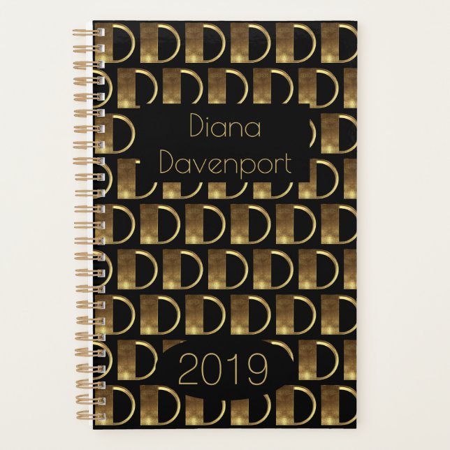 Agenda Ano Personalizado 2019 Monograma Dourado Preto D E (Frente)