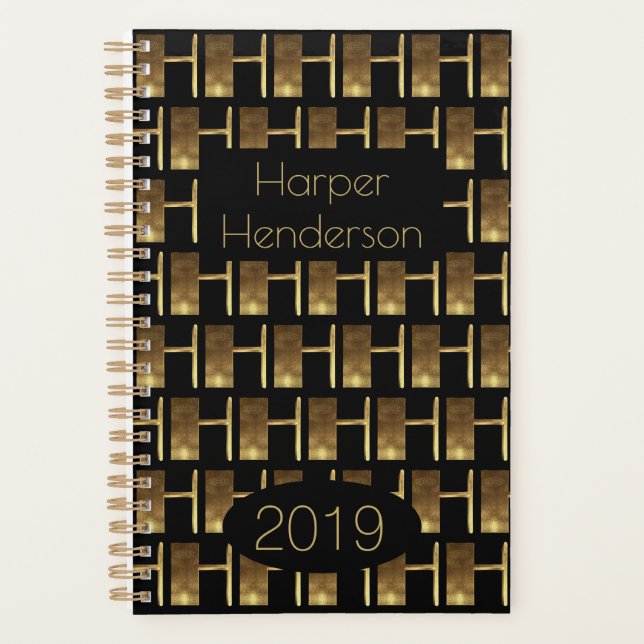 Agenda Ano Personalizado 2019 Monograma Dourado Preto H E (Frente)
