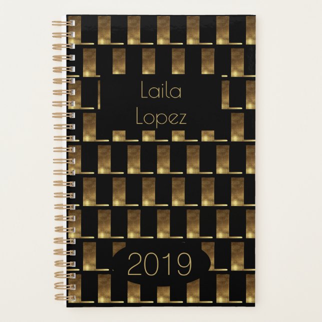 Agenda Ano Personalizado 2019 Monograma Dourado Preto L E (Frente)