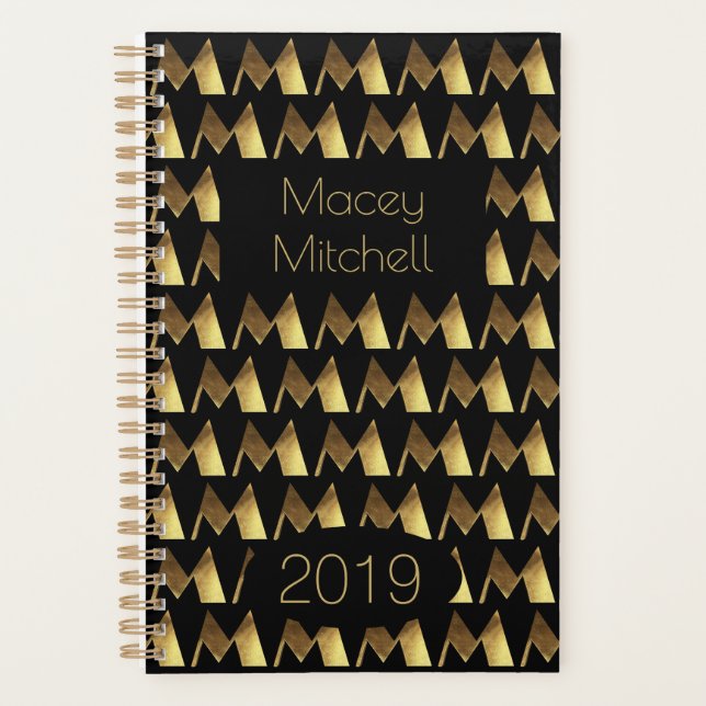 Agenda Ano Personalizado 2019 Monograma Dourado Preto M E (Frente)