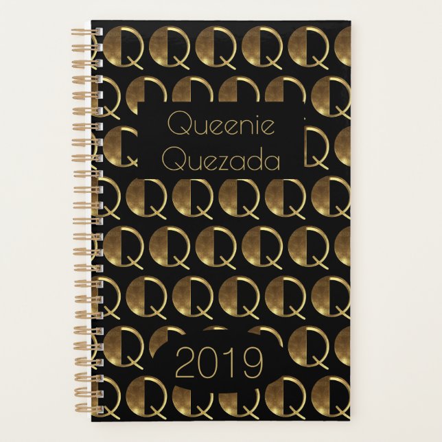 Agenda Ano Personalizado 2019 Monograma Dourado Preto Q E (Frente)