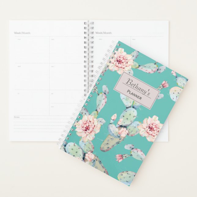 Agenda Aquarela Cactus com Flores Modernas Personalizadas (Exibição)