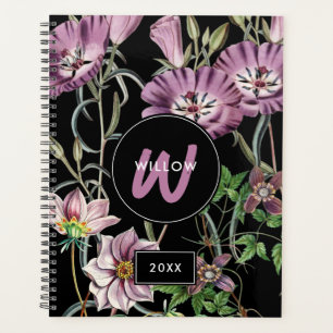 Agenda Aquarela Flores Selvagens Monograma Roxo Preto