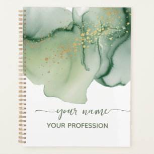 Agenda Aquarela Verde Sage Dourado Seu nome & Profissão