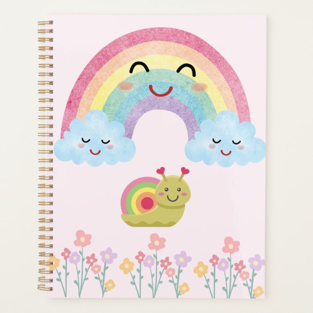 Agenda Arco-íris Sorridente Feliz com Caracol Fofo & Nuve (Frente)
