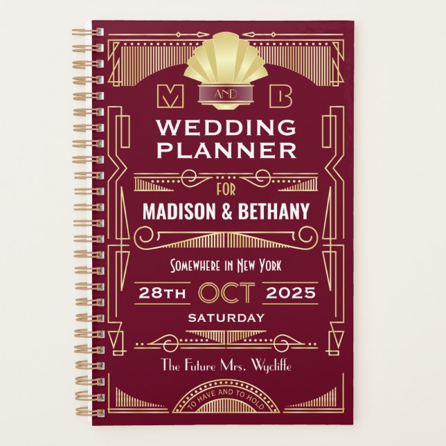 Agenda Art Deco Dourado Burgundy Elegante Gatsby Casament (Frente)