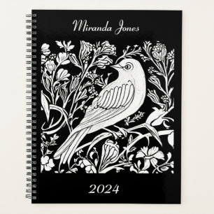 Agenda Art Nouveau Bird em um galho de branco em preto