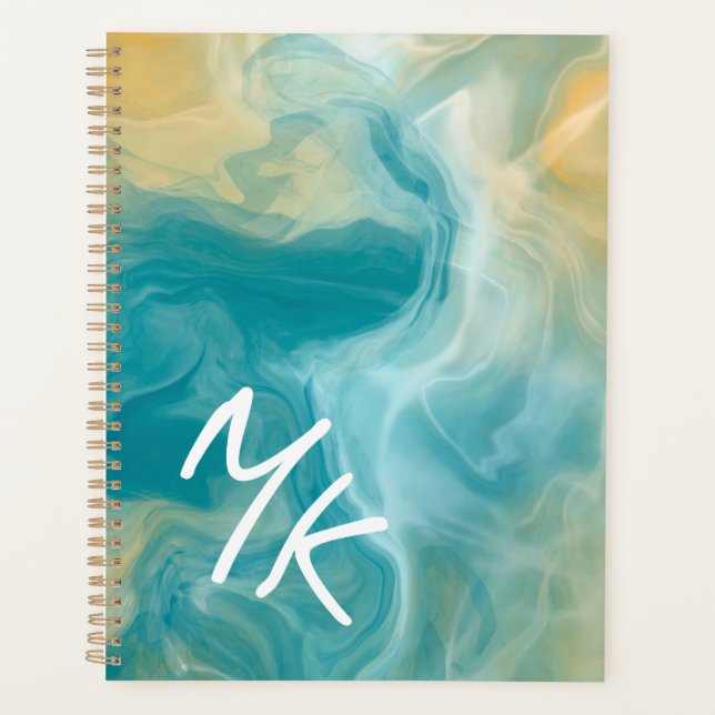 Agenda Arte Azul Marrom, Monogramas, Marrom, Arte Fluida (Frente)