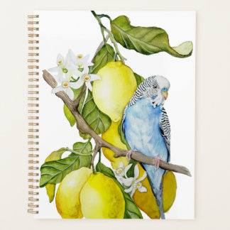 Agenda Arte Botânica em Aquarela de Periquito Azul em Lim