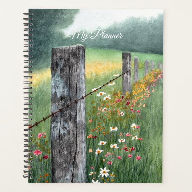 Agenda Arte de paisagem em aquarela com flores, planejado (Frente)