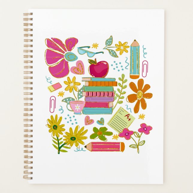Agenda Arte Doodle de Professora Fofa – Livros, Flores e  (Frente)