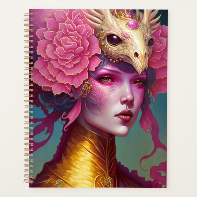 Agenda Arte Fantástica de Mulher do Caveira Rosa Dragão (Frente)