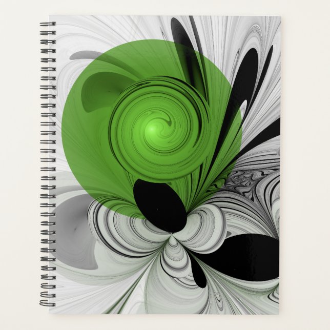 Agenda Arte fractal abstrata em preto e branco com verde (Frente)