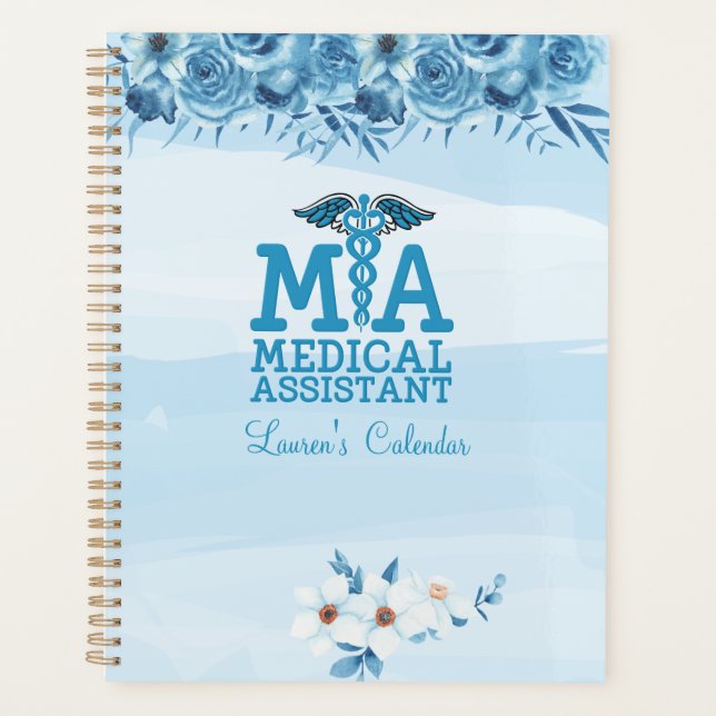 Agenda Assistente médico Blue Floral Personalizado (Frente)