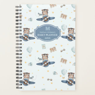 Agenda Aventura Aviação Urso Fofo Avião Azul Monograma