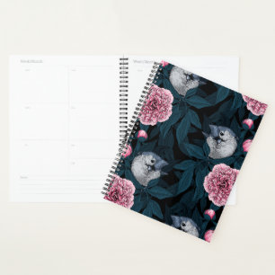 Agenda Aves e flores cor-de-rosa com folhas