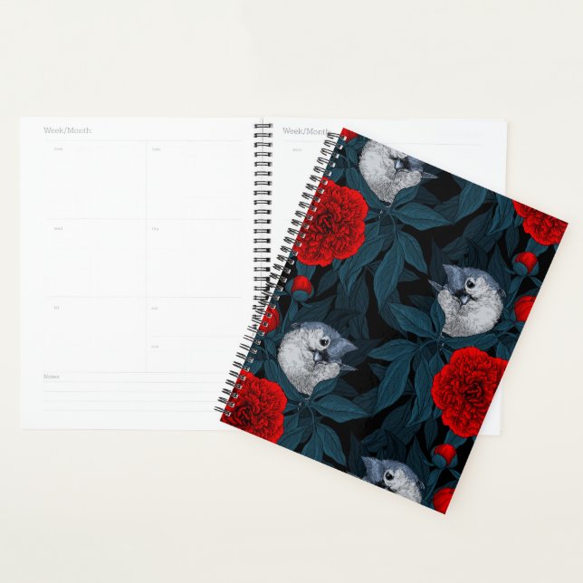 Agenda Aves e flores vermelhas de pénia com folhas azuis (Exibição)