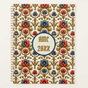 Agenda Azul Barroco Vermelho e Flores Douradas