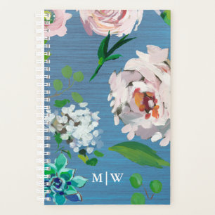 Agenda Azul bonito com Monograma de Blooms Florais Pastel