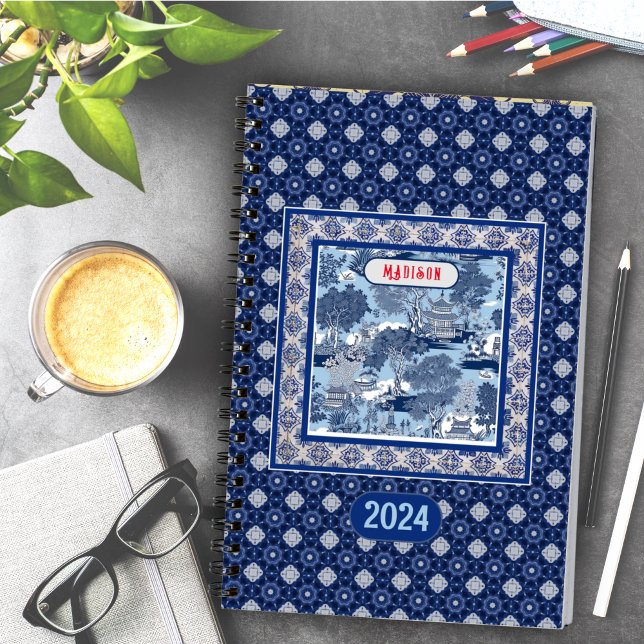 Agenda Azul Chic Branco Willow Toile Chinoiserie Monogram (Criador carregado)