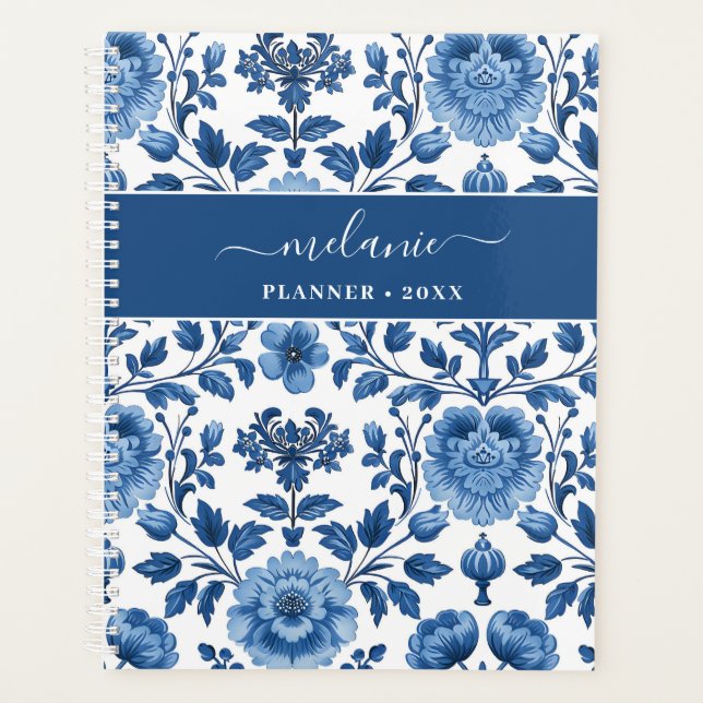 Agenda Azul e Branco - Algodão Damask Floral (Frente)