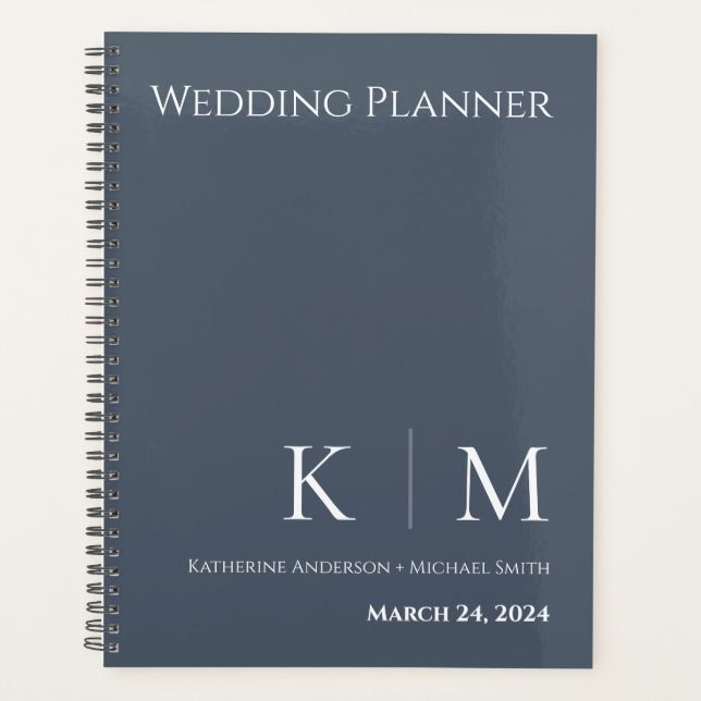 Agenda Azul e Branco - Monograma-Planner de Casamento (Frente)