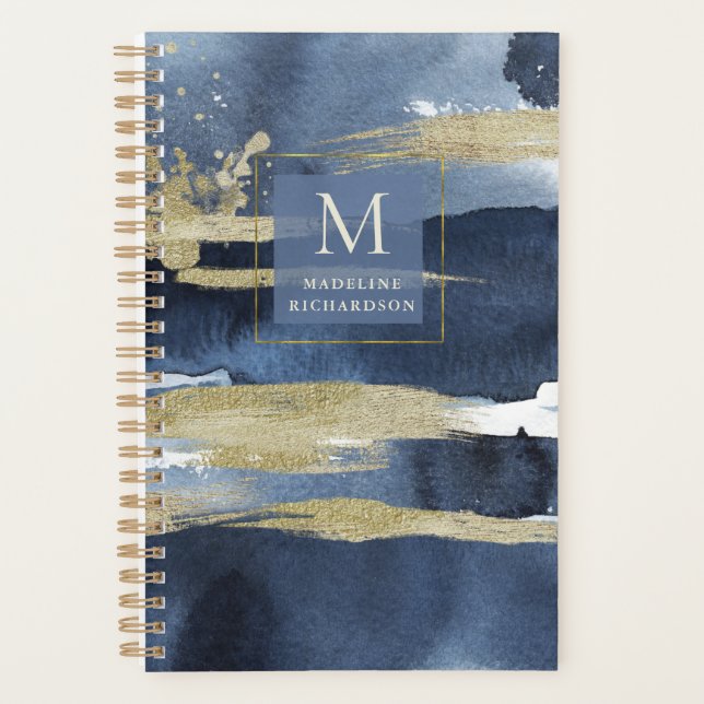 Agenda Azul Elegante | Abstrato Dourado com Monograma (Frente)