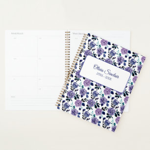 Agenda Azul Escuro & Floral Roxo Personalizado