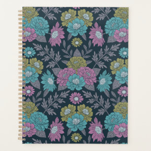 Agenda Azul Escuro, Verde e Floral Púrpura