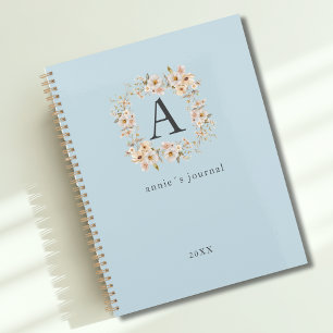 Agenda Azul Floral Monograma Personalizado