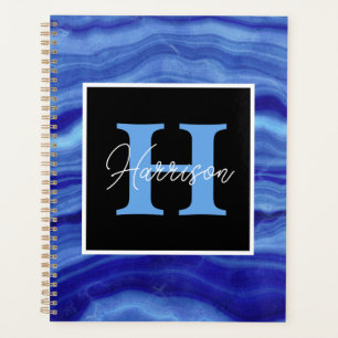 Agenda Azul Marble Personalizado Monograma Nome