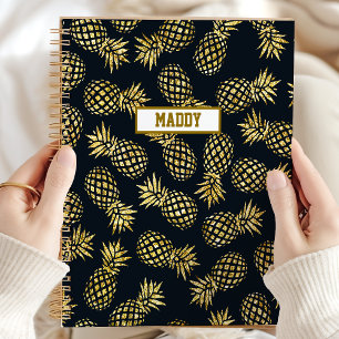 Agenda Azul Marinho Dourado Abacaxi Personalizado Anual