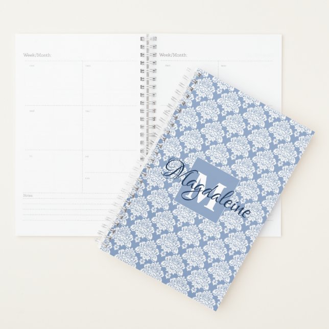 Agenda Azul Poeira e Renda Branca de Damasco com Monogram (Exibição)
